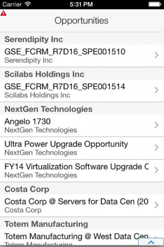 Fig 5: Mobile ADF application displaying Opportunities from the Oracle Sales Cloud